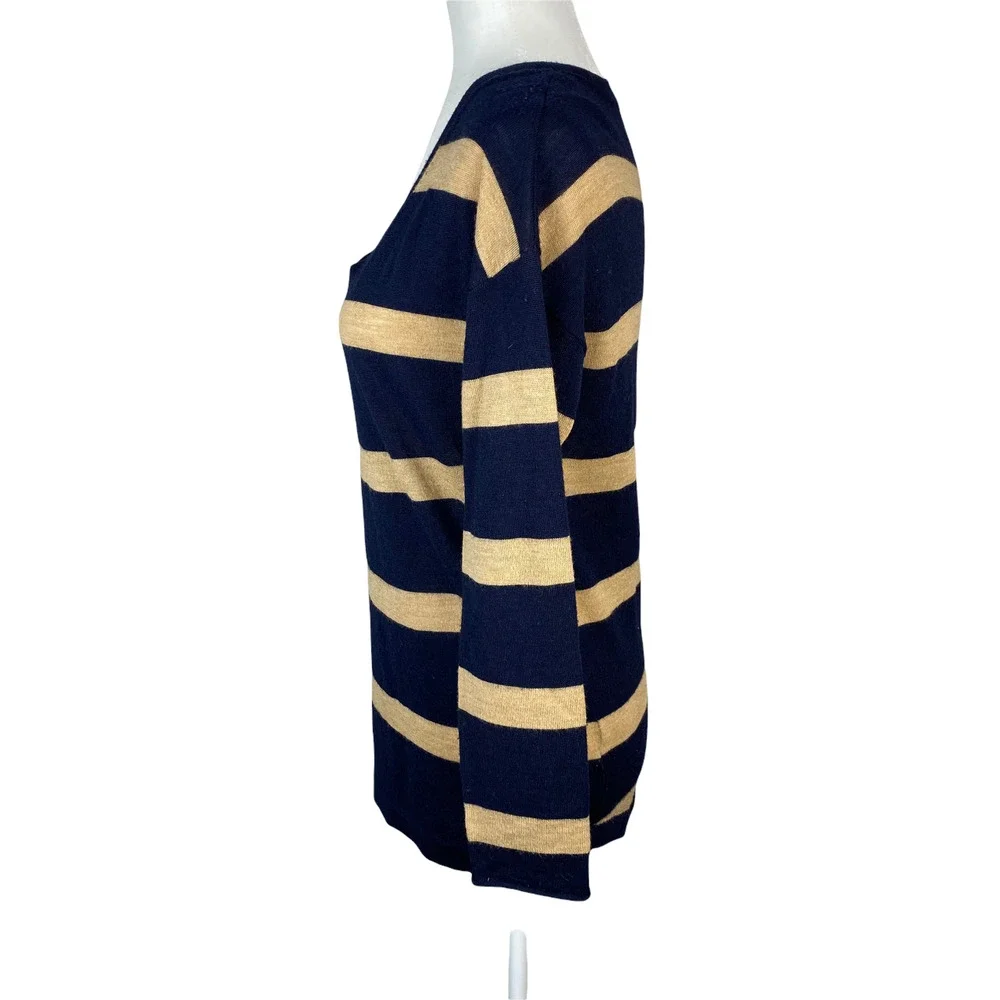Willi Smith Merino Wool Navy Tan Striped Sweater Size Small - Picture 5 of 9
